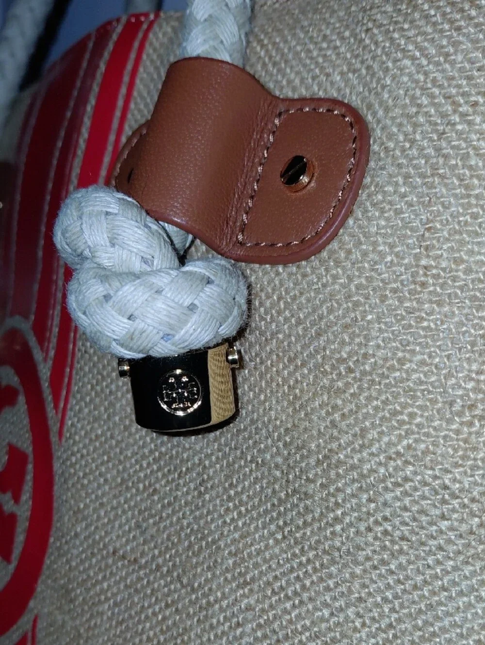 (Rare)Tory Burch Beige Canvas Tote with Red Stripe and Logo
